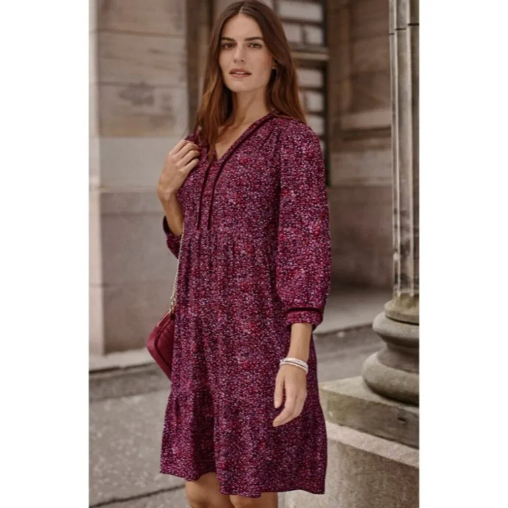 J.Jill Dress Floral V Neck 3/4 Sleeve Flounced Hem Cottagecore Boho